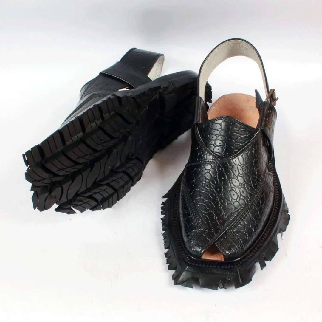 Black Printed Leather Quetta Norozi Shikari Chappal